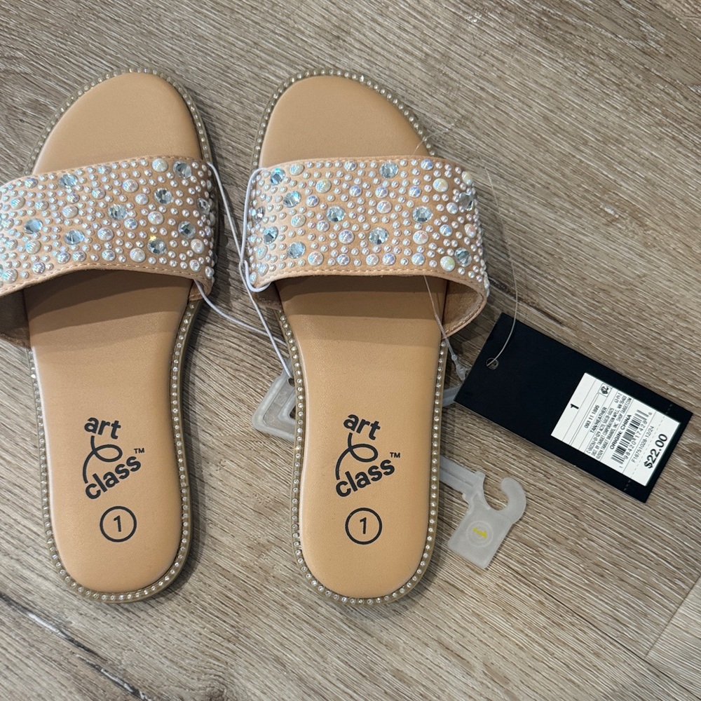 art class Tan Rhinestone Embellished Slide Sandals